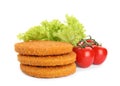 Delicious fried breaded cutlets with cherry tomatoes and lettuce on white background Royalty Free Stock Photo