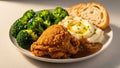 Delicious Fried Chicken with Mashed Potatoes, Broccoli, and Bread Royalty Free Stock Photo