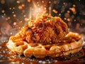 Delicious fried chicken and waffles photography, explosion flavors, studio lighting, studio background, well-lit Royalty Free Stock Photo