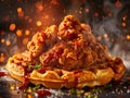 Delicious fried chicken and waffles photography, explosion flavors, studio lighting, studio background, well-lit Royalty Free Stock Photo