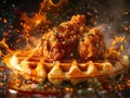 Delicious fried chicken and waffles photography, explosion flavors, studio lighting, studio background, well-lit Royalty Free Stock Photo