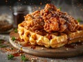 Delicious fried chicken and waffles photography, explosion flavors, studio lighting, studio background, well-lit Royalty Free Stock Photo