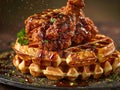 Delicious fried chicken and waffles photography, explosion flavors, studio lighting, studio background, well-lit Royalty Free Stock Photo