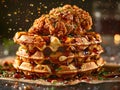Delicious fried chicken and waffles photography, explosion flavors, studio lighting, studio background, well-lit Royalty Free Stock Photo