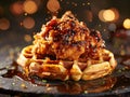 Delicious fried chicken and waffles photography, explosion flavors, studio lighting, studio background, well-lit Royalty Free Stock Photo