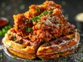 Delicious fried chicken and waffles photography, explosion flavors, studio lighting, studio background, well-lit Royalty Free Stock Photo