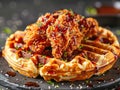 Delicious fried chicken and waffles photography, explosion flavors, studio lighting, studio background, well-lit Royalty Free Stock Photo