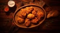 Delicious Fried Chicken On Wooden Dish - High Angle View