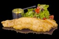 Delicious fried crispy fish fillet garnished with sauce and salad with reflection