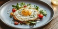 Delicious fried egg dish with fresh arugula and cherry tomatoes on plate Royalty Free Stock Photo