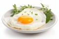 Delicious fried egg with runny yolk on white plate, isolated on clean white background