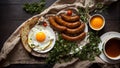 Delicious fried eggs lunch sausages the kitchen table breakfast traditional cooking