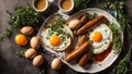 Delicious fried eggs with sausages the kitchen table breakfast traditional cooking