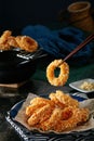 Delicious fried food, fried squid rings. Royalty Free Stock Photo