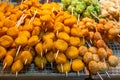 Delicious fried meat ball skewers at street food night market Royalty Free Stock Photo