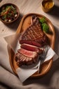 Delicious fried meat steak on a wooden plate professional photo, cinematic light, high quality product image