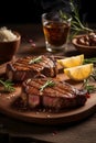 Delicious fried meat steak on a wooden plate professional photo, cinematic light, high quality product image