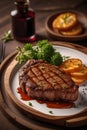 Delicious fried meat steak on a wooden plate professional photo, cinematic light, high quality product image