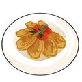 Delicious fried pancakes or pasties with ripe tomatoes and parsley leaves on white porcelain plate isolated on white