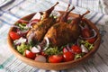 Delicious fried quail and fresh vegetables close-up. horizontal