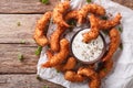 Delicious fried shrimp in coconut chips close-up and sauce on th