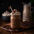 Delicious Frothy Frappuccino Close-Up, with coffee beans - AI Generated