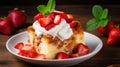 Delicious Froyo Bread Pudding With Whipped Cream And Strawberries
