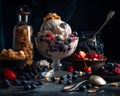 Delicious frozen desert with berries. Ice cream with fruits on dark background. Generative AI Royalty Free Stock Photo