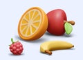 Delicious fruit composition in cartoon style. 3D apple, banana, raspberry, half of orange Royalty Free Stock Photo