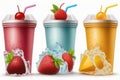 Delicious fruit drinks in plastic cups, white background