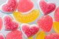 Delicious fruit jelly, heart shape candies, bright holiday sweets closeup Royalty Free Stock Photo