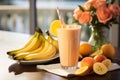 Delicious fruit mango, banana smoothie in glass on wooden table, closeup. Healthy breakfast, lifestyle. Royalty Free Stock Photo