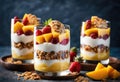 A delicious fruit parfait with layers of granola, mango, pineapple, and coconut.