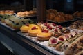 Delicious Fruit Pastries with Pistachios on Display in a Bakery Showcase. Perfect for Dessert Menus and Food Blogs. Royalty Free Stock Photo