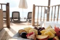 Delicious fruit plate served in a vip lounge of luxury resort. Traveling to remote island for weekend retreat. Selection of Royalty Free Stock Photo