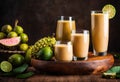 A delicious fruit smoothie made with blended guava, soursop, jackfruit, durian, and lime juice.