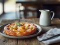 A delicious fruit tart with caramelized apples on a plate, accompanied by a small cream pitcher Royalty Free Stock Photo