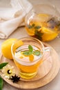 Delicious fruit tea with mint, herbs, lemons and orange slices. Glass teacup and glass cup of tea Royalty Free Stock Photo