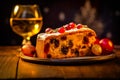 a delicious fruitcake adorned with plump raisins and vibrant candied fruit