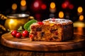 a delicious fruitcake adorned with plump raisins and vibrant candied fruit