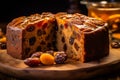 a delicious fruitcake adorned with plump raisins and vibrant candied fruit