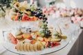 Delicious fruits appetizers, desserts on stand, modern sweet table at wedding or baby shower. Luxury catering concept. Fruit bar Royalty Free Stock Photo