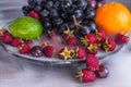 Delicious fruits salad in plate on table, lime, raspberry, grapes Royalty Free Stock Photo