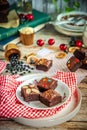 The delicious fudgy brownies on a table Royalty Free Stock Photo