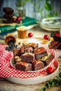 The delicious fudgy brownies on a table Royalty Free Stock Photo