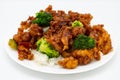 General Tso\'s Chicken with White Rice and Broccoli on a White Plate Royalty Free Stock Photo
