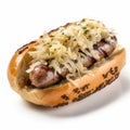 Delicious German Bratwurst with Sauerkraut on a Plate Isolated on White Background .