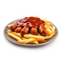 Delicious German Currywurst with Fries on a Plate.