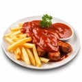 Delicious German Currywurst with Fries on a Plate.