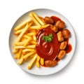 Delicious German Currywurst with Fries on a Plate .